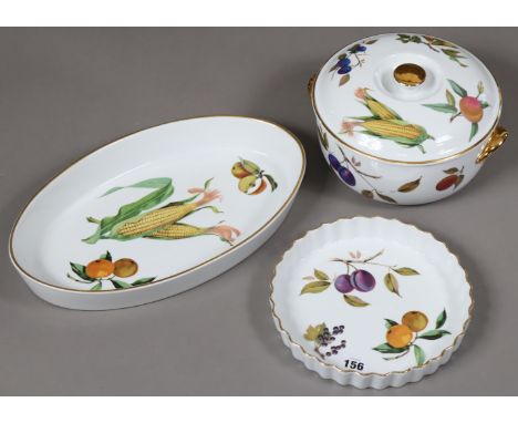 A Royal Worcester “Evesham” circular casserole dish; oval serving bowl; &amp; flat dish. 
