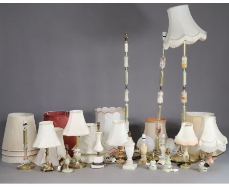 Three onyx &amp; brass-finish standard lamps; &amp; various table lamps &amp; lamp shades. 