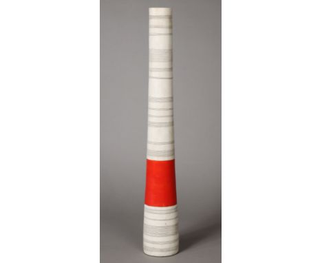 A Helen Vaughan studio pottery tall candlestick of round tapered form &amp; of light cream ground with a red banded design, s