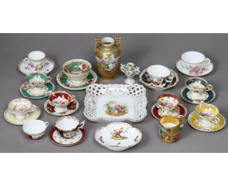 Various Dresden &amp; Meissen decorative teacups &amp; saucers; a Dresden porcelain square dish with a romantic scene to cent