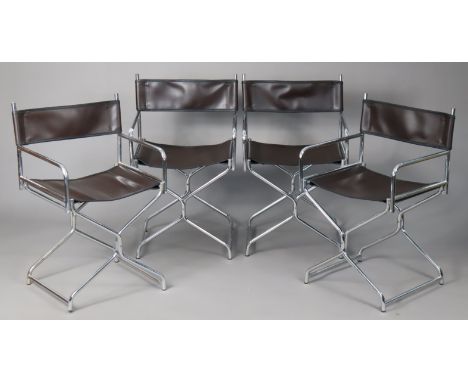 A set of four chrome frame fold-away chairs each with a leather seat &amp; back; &amp; an oak standard lamp. 