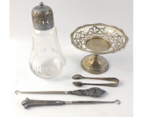 A small silver lot to include a small bonbon dish (12cm dia x7cm high) hallmarked Birmingham 1907, with weighted base, a suga