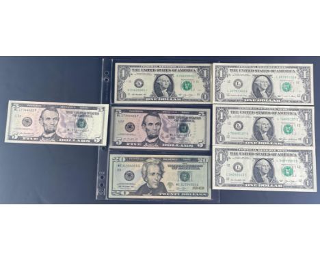 UNITED STATES Banknotes of interest to include 2013 'K' Series Star One Dollar Note, 1985 One Dollar notes x3,  2013 Sequenti