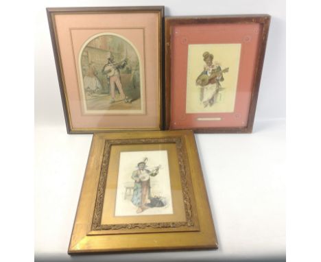 ORPHEUS AT THE SEASIDE, an 1895 hand-coloured lithograph frame size 43x33cm, on original watercolour of a clown playing the b