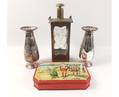 A mixed lot to include a pair of plated raised decorative vases dimensions 18cm height approx - also a MUSICAL copper and bra