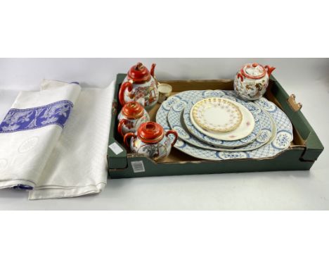 A mixed box to include a ROYAL CROWN DERBY coffee can and saucer with a gilt, floral and bird decoration, several damask tabl