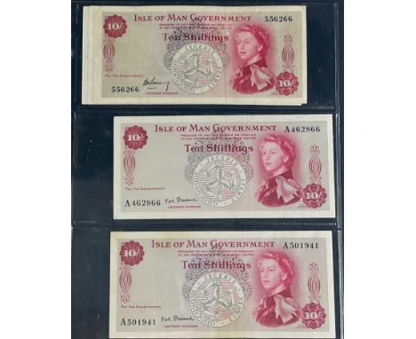 ISLE OF MAN 10/- Banknote selection.  Five banknotes to include two 'A' Prefix and three others with interesting double numbe