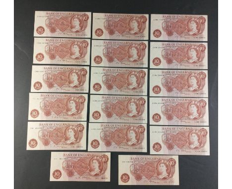Super collection of UK 10/-  Ten Shillings brown Queens portrait Banknotes in good collectible condition to include seven sin