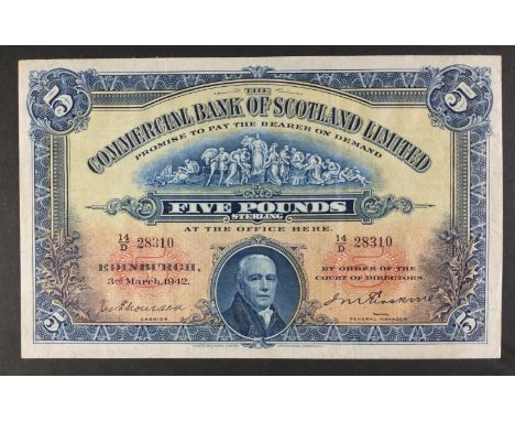 Commercial Bank of Scotland £5 Banknote in good grade with light wear.  1942 14D 28310