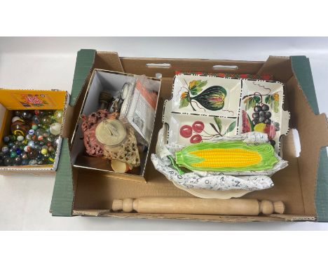 A mixed box to include an unusual Oriental soapstone teapot for one with a bird finial (some chips missing), a ROYAL DOULTON 