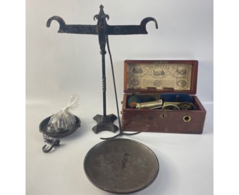 A vintage Patent Magneto Electric Machine for Nervous Diseases in original box and a set of vintage balance scales with weigh