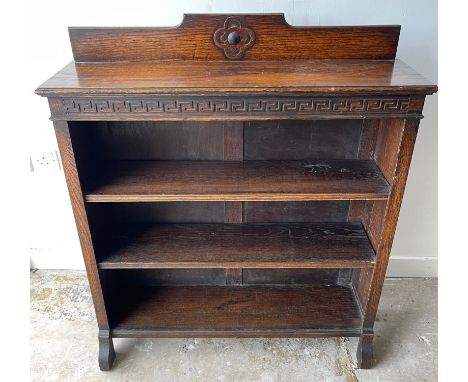 A nice circa 1930's 3 shelf floor bookcase in dark oak with an UNUSUAL MOTIF DESIGN - dimensions 3ft wide x 15" depth x 3.5ft