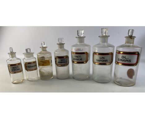 VINTAGE APOTHECARY glass lidded medical bottles circa 1880-1918 three large 21cm tall x 7.5cm diameter (base)  and two medium