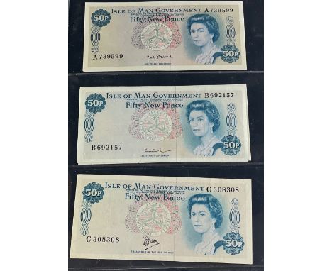 ISLE OF MAN Fifty new pence Banknote selection.  Four banknotes to include two 'A' Prefix   Notes are good with light wear