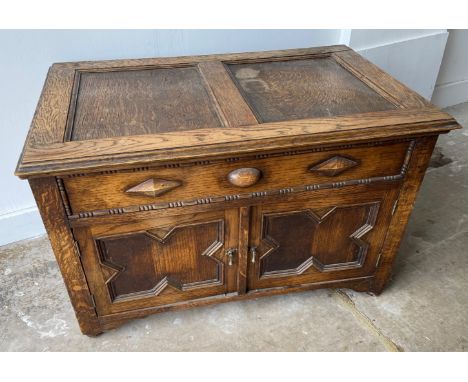 A VINTAGE dark oak lidded storage box 3.5ft wide x 18" tall x 18" depth approx