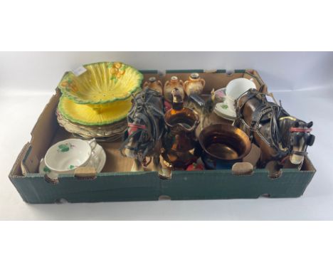 A mixed box to include a cheerful CROWN DUCAL salad drainer and plate 21cm dia, 2 large BESWICK shire horses with tack stand 