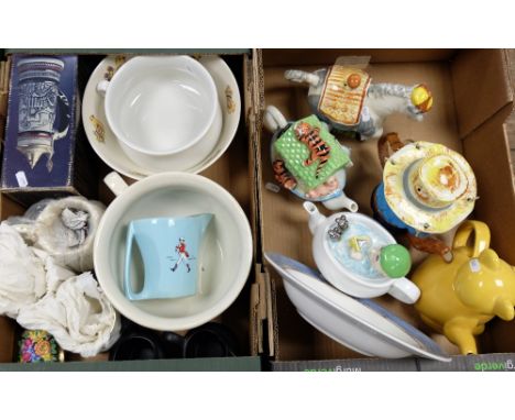 A mixed collection of items to include Novelty tea pots, Aynsley hunting scene mugs Wade advertising water jug etc (2 trays) 
