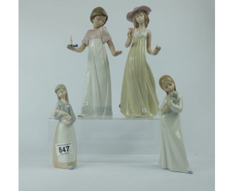Lladro figures of girl with piglet, girl with puppy, Nao figure of a girl with candle and figure of young lady holding a flow