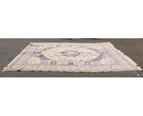 Large decorative carpet in light blue/ cream approx 3.6m x 2.63m 