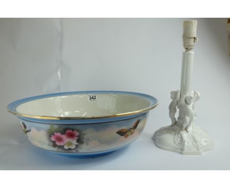Very large Grimwades basin decorated with butterflies and flowers and Spode lamp base with Cherubs dancing (2)