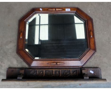 Oak framed bevel edged mirror and similar small wall shelf (2)