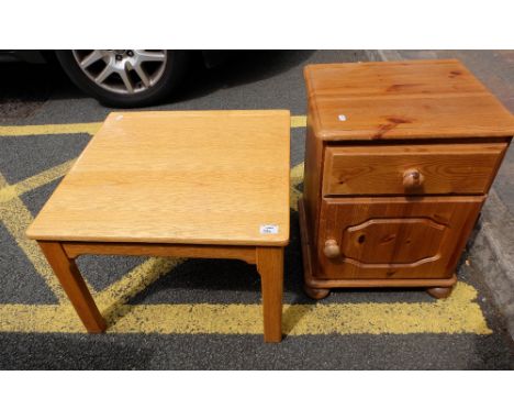 Small pine bedside cabinet and light oak coffee table (2)