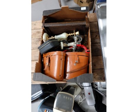 A mixed collection of items to include cased binoculars, oak book trough, stylized metal tray etc