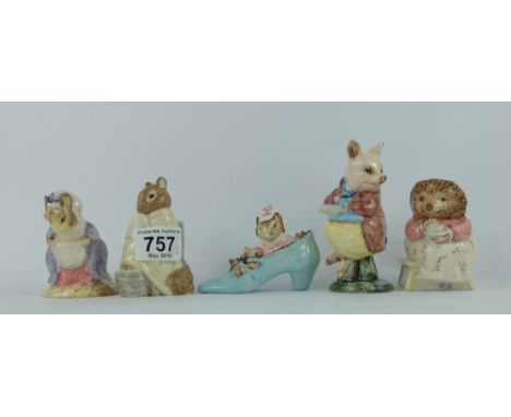 A collection of Royal Albert Beatrix Potter figures to include Lady Mouse made a curtsey, Mrs Tiggywinkle takes tea, Chippy H