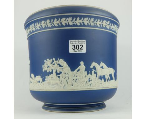 Large Early Wedgwood dark blue jasperware planter decorated with various hunting scenes (hairline cracks) height 26cm diamete