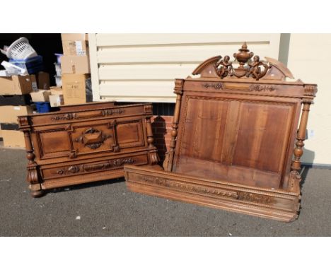 Heavy French Mahogany double bed, ends decorated with cherubs together with one of the two side pieces (parts missing)  