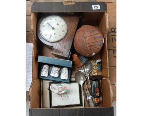 A mixed collection of items to include oak mantle clock, framed postcards, silver plated cutlery, leather football etc 