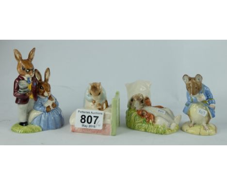 Royal Albert Beatrix Potter figures to include Gentleman Mouse made a bow, Benjamin Wakes Up (both BP6), Peter in Bed (BP8) a