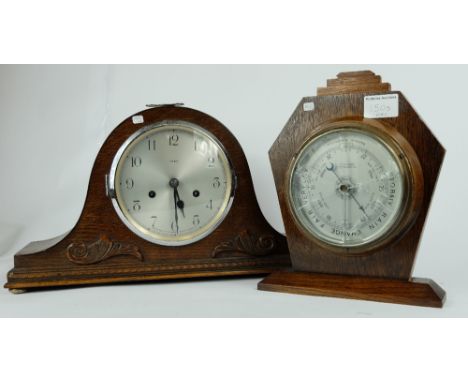 Oak mantle clock together with similar barometer (damaged) (2)