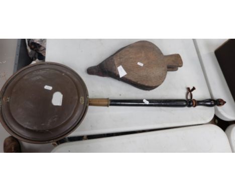 Brass bed pan warmer and early oak set of fireside bellows (2)
