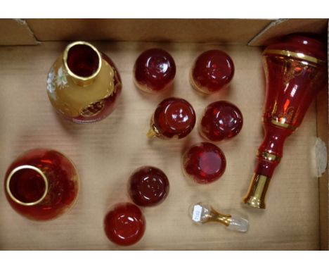 Ruby glass decanter and glasses decorated in gold decoration together with similar vases (10) 