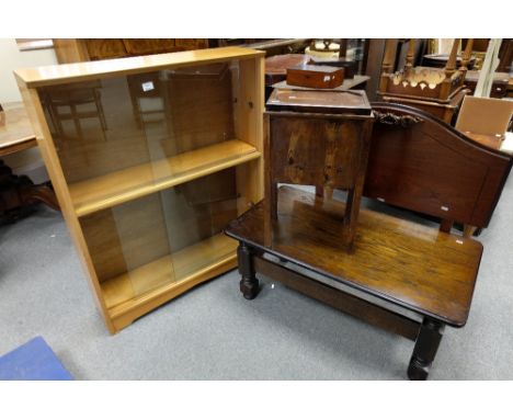 Glass fronted bookcase, oak coffee table, Mahogany head board and home made stool (4)