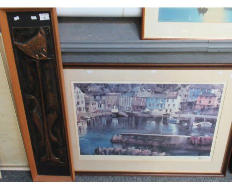 Mid 20th century stylised metal panel depicting a cat, together with after James Adams 'The Harbour' coloured print signed in