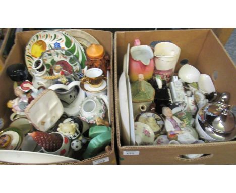 Two boxes of assorted ceramics to include collectors plates, figurines, Cottage ware teapot, Royal Winston silver and white p