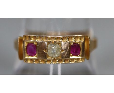 15ct gold diamond and ruby three stone ring.  Ring size Q.  Approx weight 2.7 grams.(B.P. 21% + VAT) 