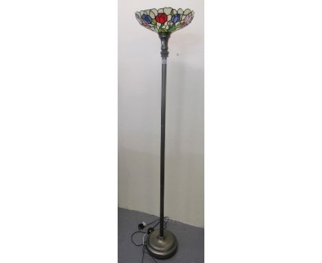 Art deco design bronzed metal standard up lighter lamp with lead glass Tiffany style shade.(B.P. 21% + VAT) 