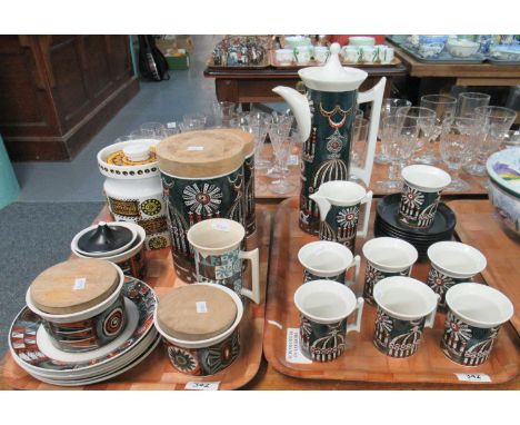 Two trays of Portmeirion pottery: 'Magic City' coffee set designed by Susan Williams Ellis to include: coffee pot, seven cups