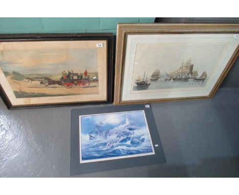 Group of furnishing prints to include The Opium Ships at Lintin in China, 1824 coloured print, a coaching print, and after De