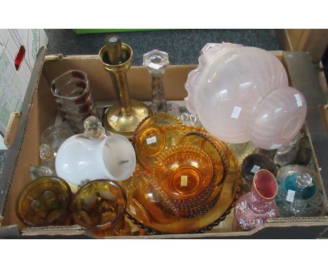 Box of assorted glass to include: selection of yellow glass bowls, plates and vases.  Translucent pink filled edged pendent c