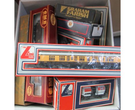 Box of assorted Lima Bachmamn, Graham Farish and Great Model Railways.  Carriages, coaches, tankers etc mainly appearing in o