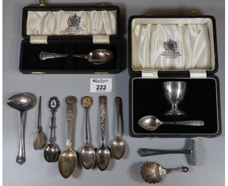 Collection of cased and loose silver and silver plate to include Christening egg cup and spoon set, caddy spoon, tea and souv