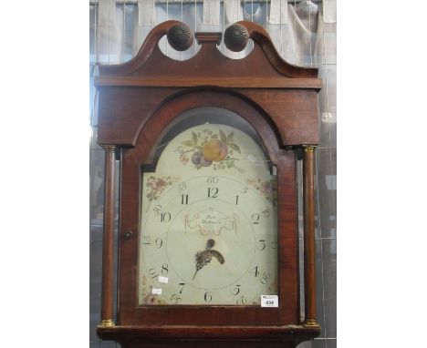 Early 19th century oak cased 30 hour longcase clock, having painted face with Arabic numerals and decorated with fruit and fl