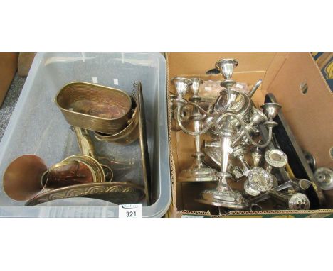 Two boxes of metalware to include pressed metal brass chargers, brass pistol in two halves, copper and brass pitcher, pot, ca