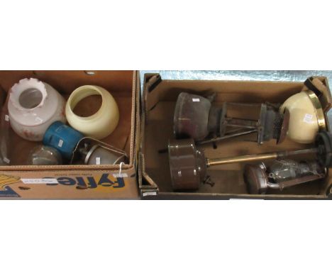 Two boxes of oil lamps, hurricane lantern, gas lantern, one glass chimney and a couple of glass shades. (B.P. 21% + VAT) larg
