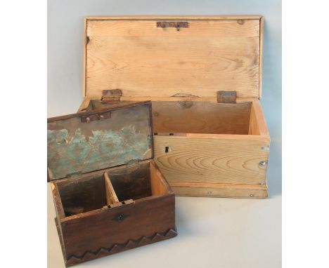 Small rustic pine tea caddy with two compartments to the interior, together with a larger 19th century stripped pine box with