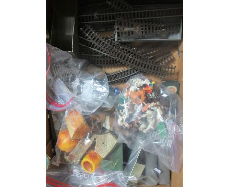 Box of toys to include: small collection of glass marbles, plastic animal/farmyard set, plastic buildings, rolling stock, the